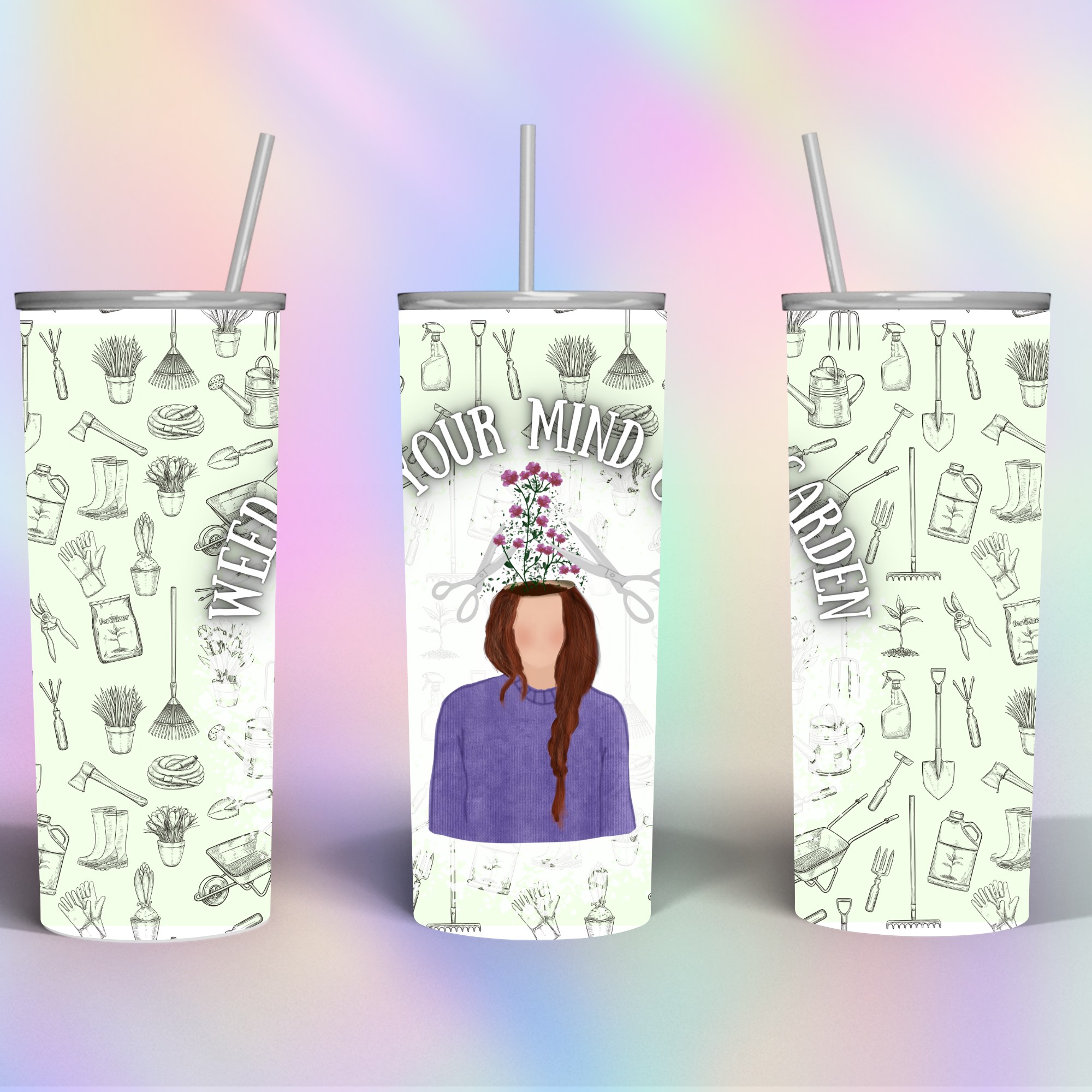 full wrap design of weed your mind garden tumbler with floral head illustration and garden theme