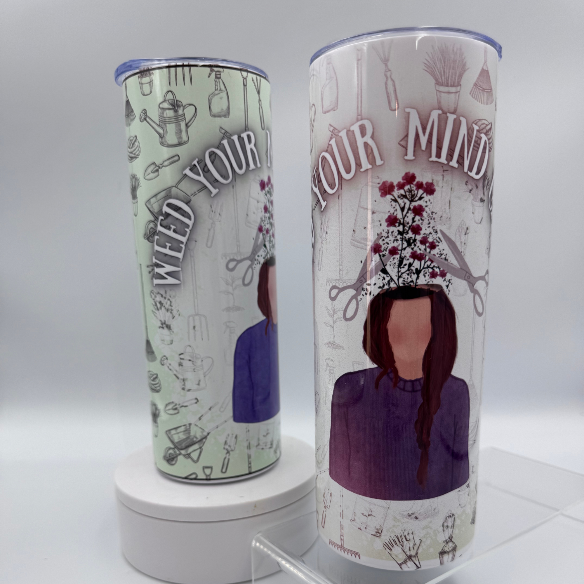 20oz skinny tumbler with weed your mind garden quote and floral growth illustration design