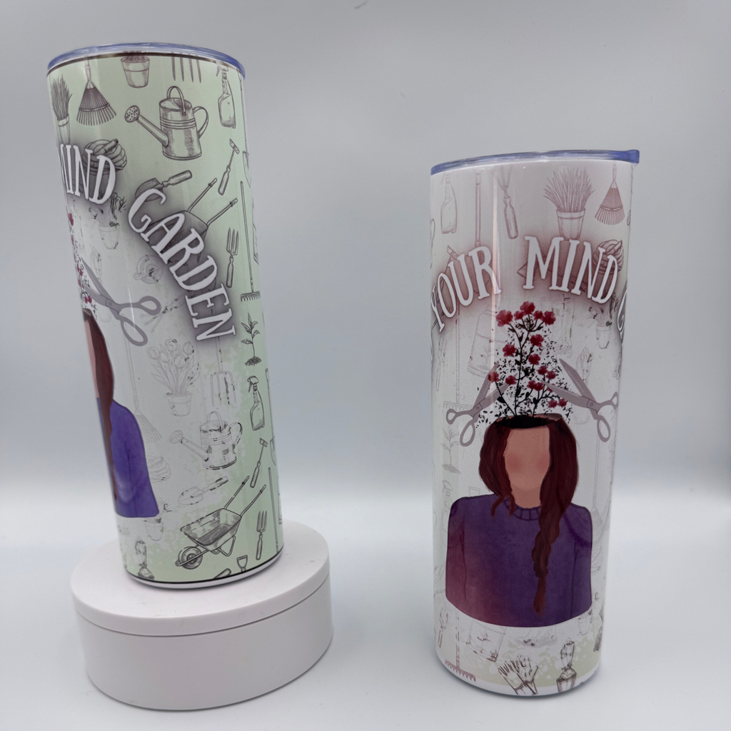 sublimation tumbler with pastel garden tools pattern and mental health affirmation text